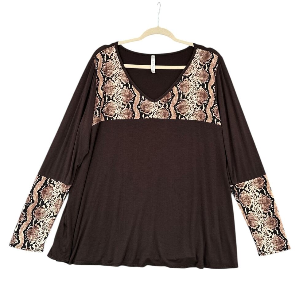 Cool Melon Brown V neck Snake Print Accents Long‎ Sleeve Tunic Top Size 1X